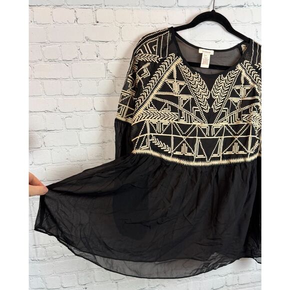 SUNDANCE black silk beige embroidered semi-sheer blouse top size XL NWOT - Picture 8 of 8